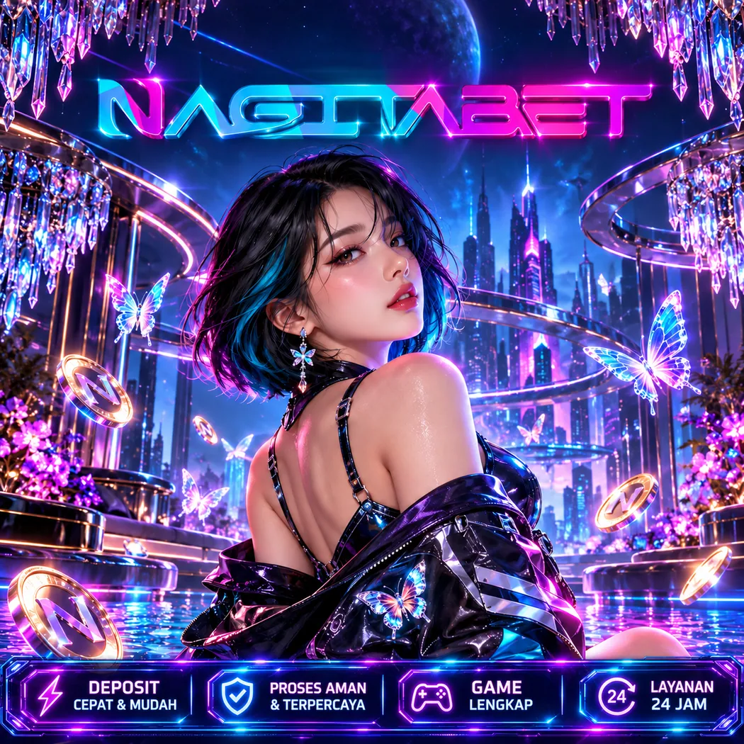Banner NAGITABET bertema fantasi neon, ilustrasi karakter dan suasana digital
